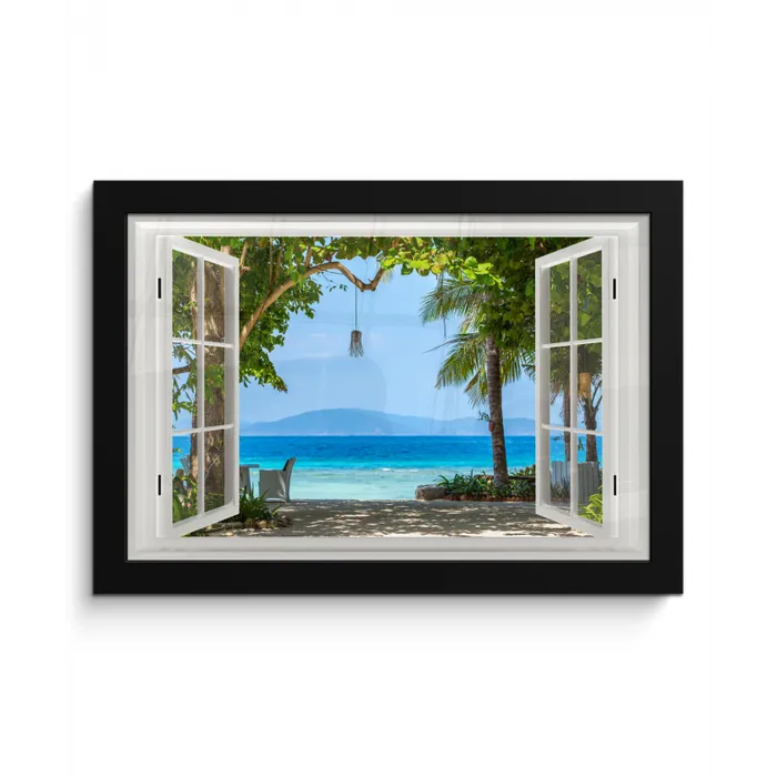 Doorkijk - Boom - Zee - Palmboom - Heuvels - Strand - Blauw fotolijst zwart zonder passe partout klein -3d