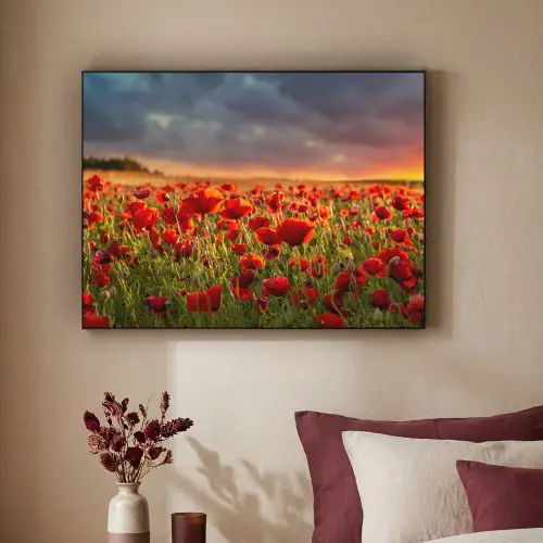 Zonsondergang - Klaprozen - Rood - Bloemen - Veld - Natuur Textielframe zwart klein -sfeer1
