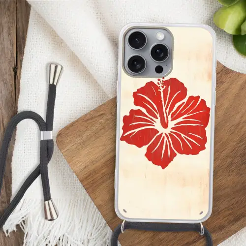 Rode hibiscusbloem - Textuur achtergrond - Beige Hoesje iPhone 16 Pro Max met koord klein -sfeer4