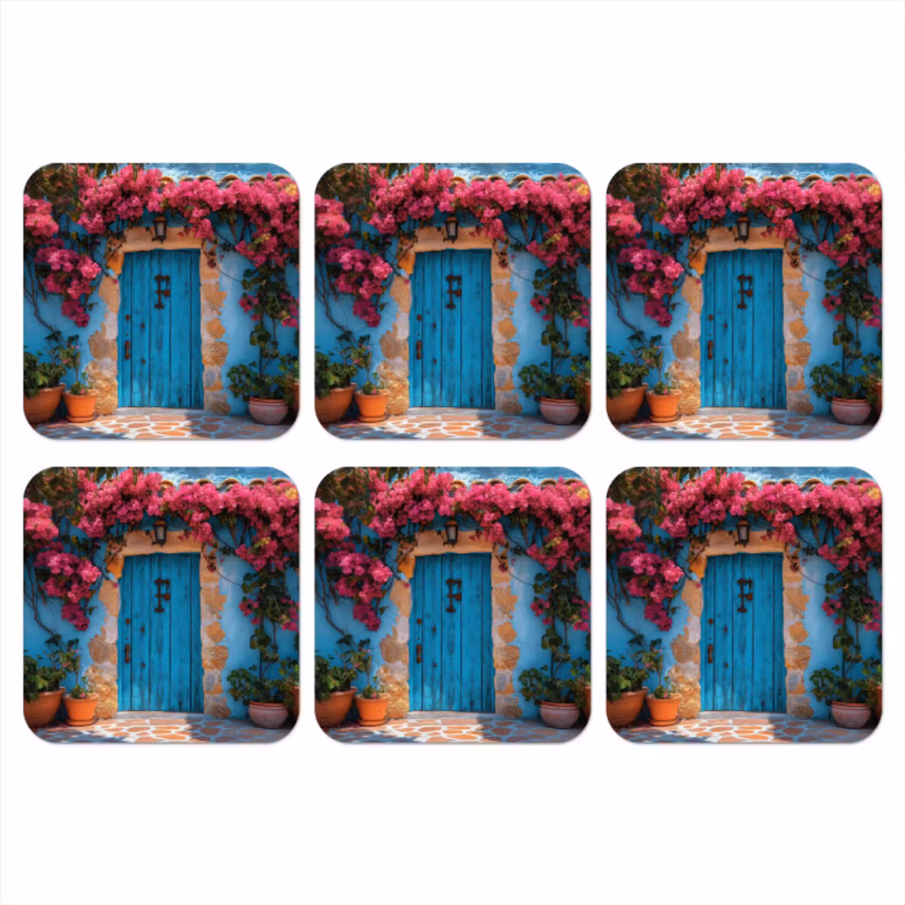 Deur - Hout - Bloemen - Blauw onderzetter kurk middel -3d