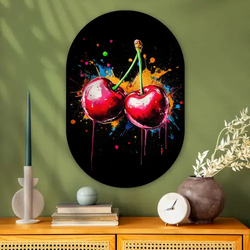 Kersen - Fruit - Graffiti - Verf - Abstract - Modern - Kleurrijk Wandcirkel Ovaal Glas middel -sfeer2