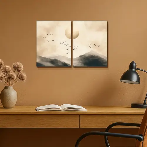 Landschap - Japandi - Beige - Vogels Canvas - Meerluiken 2 luik klein -sfeer5