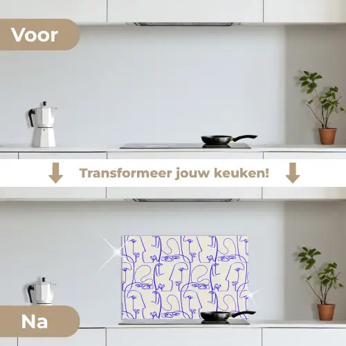 Gezicht - Blauw - Lijnen - Beige keuken achterwand spatscherm klein 900 -voor_na_NL
