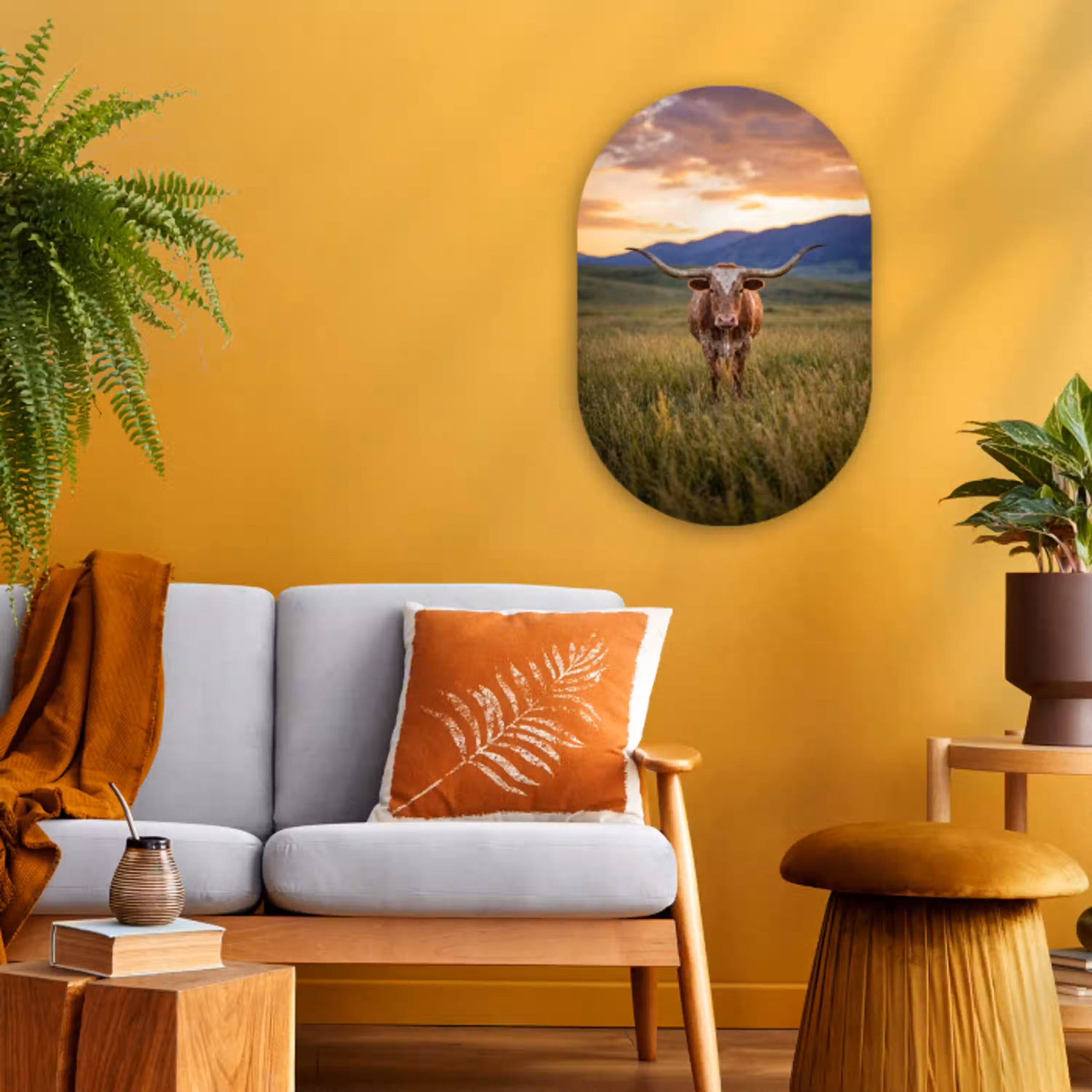 Longhorn - Landschap - Zonsondergang Wandcirkel Ovaal Forex klein -sfeer4