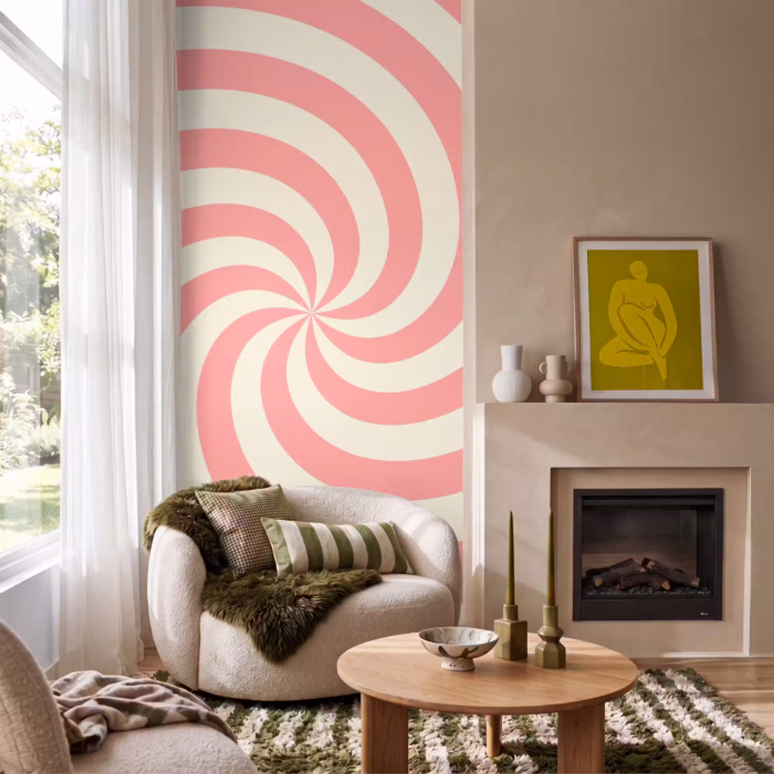 Spiraal - Patroon - Abstract - Roze - Beige Behang Vlies klein -sfeer2