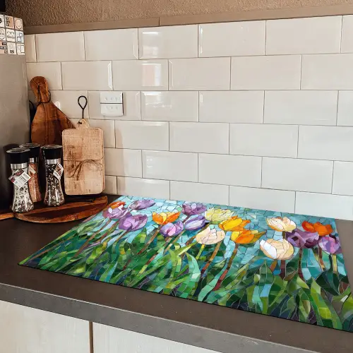 Mozaïek - Veld - Tulpen - Kleurrijk Inductie beschermer vinyl 3mm klein -sfeer3