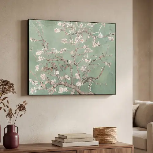 Amandelbloesem - Kunst - Van Gogh - Groen Textielframe - compleet frame klein -sfeer3