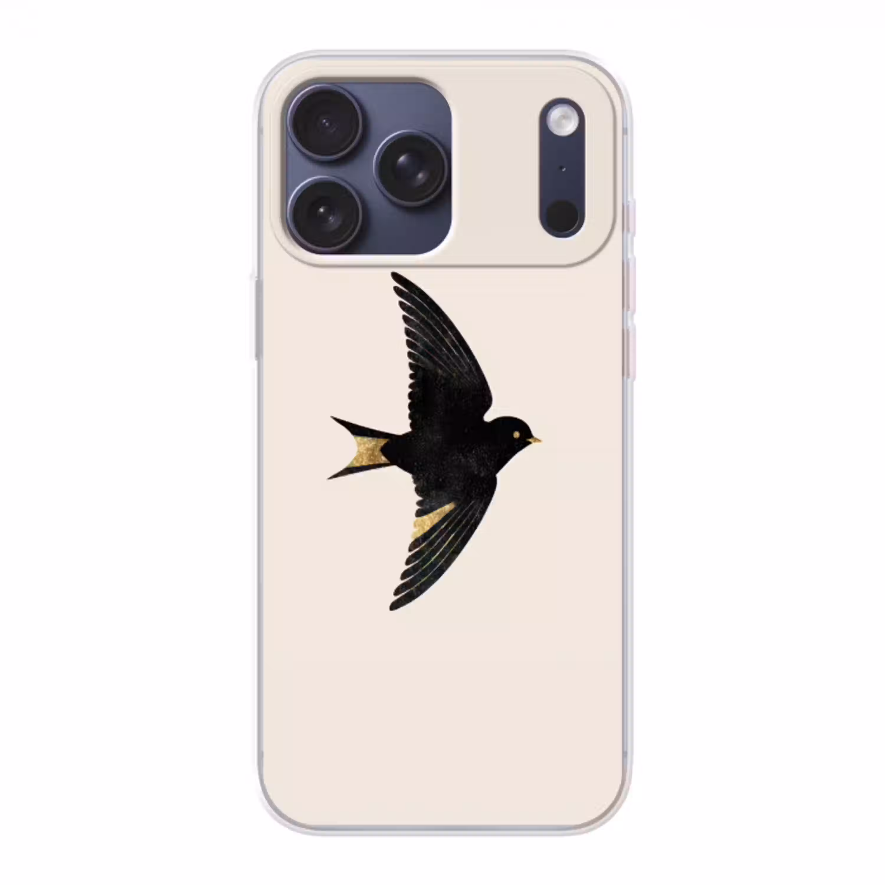 Zwarte zwaluw - Gouden accenten - Lichte achtergrond Telefoonhoesje iPhone 17 Pro Max klein -3d