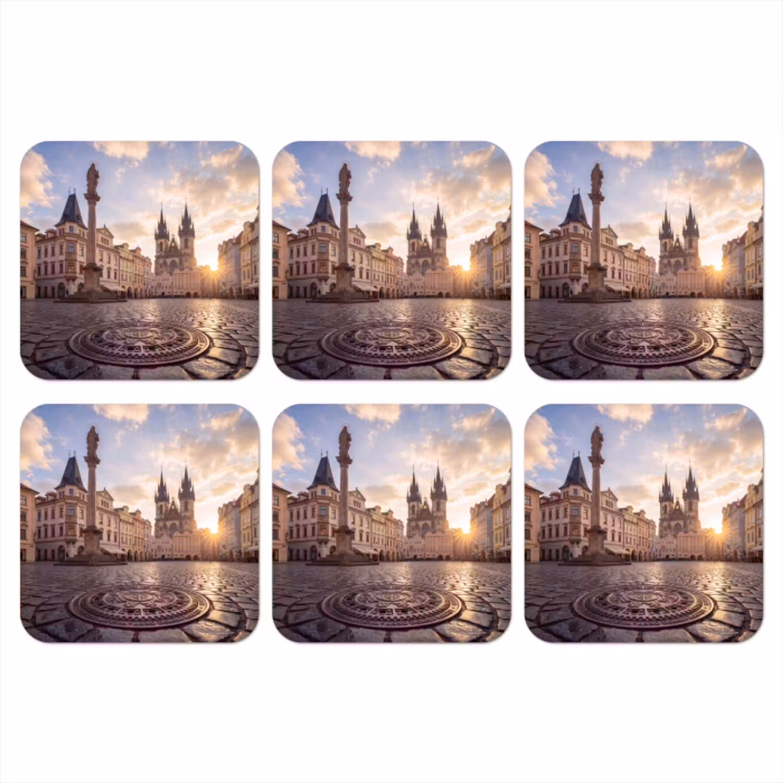 Stad - Praag - Ochtend - Architectuur - Goud onderzetter kurk middel -3d