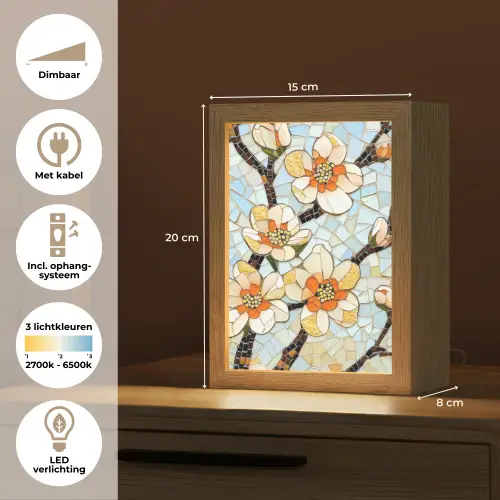 Bloesems - Wit - Mozaïek - Tak Light Box met kabel (Tafellamp) klein -USP_NL