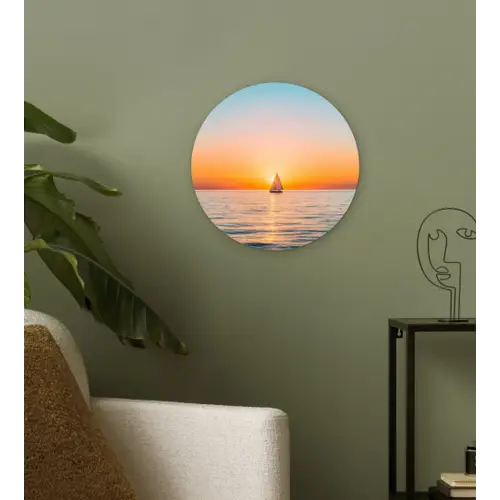 Zee - Zeilboot - Zonsondergang Wandcirkel kunststof plaat 5mm dik klein -sfeer3
