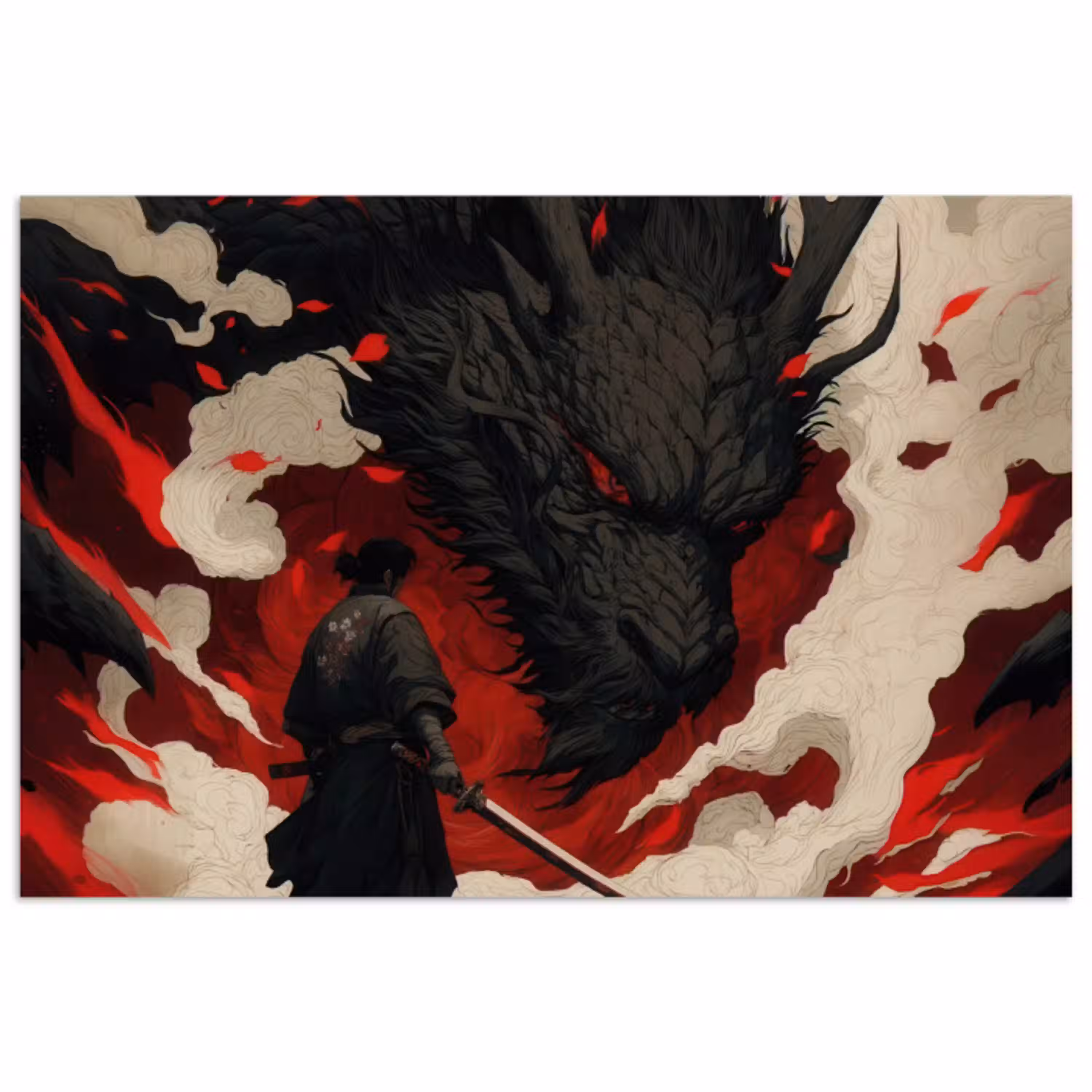 Krijger - Draak - Zwart - Rood - Rook poster papier klein -3d