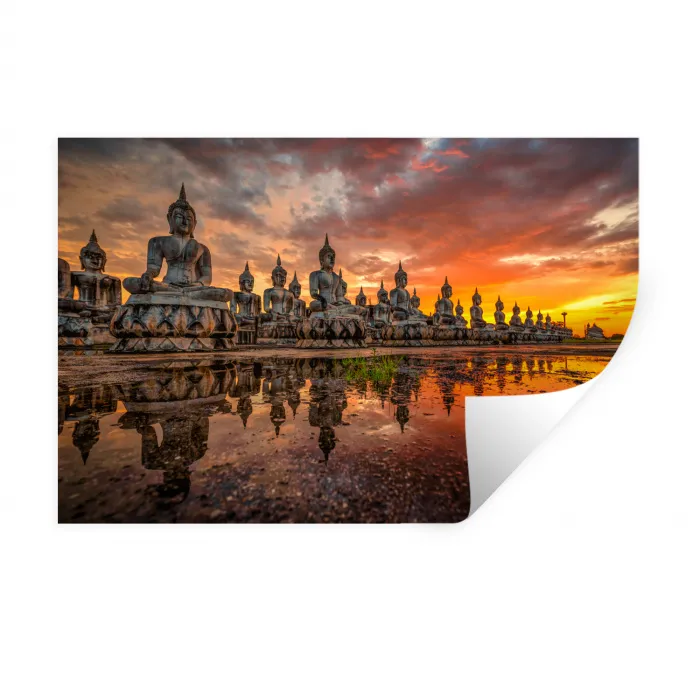 Boeddha beelden - Zonsondergang - Water - Boeddhisme Muursticker klein -3d