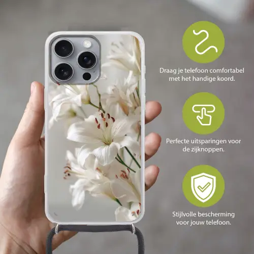 Lelies - Boekte - Wit - Meeldraden Hoesje iPhone 16 Pro Max met koord klein -sfeer2_NL