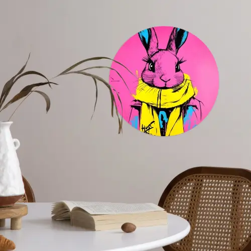 Konijn - Felroze - Sjaal - Abstract Wandcirkel behangsticker klein -sfeer3