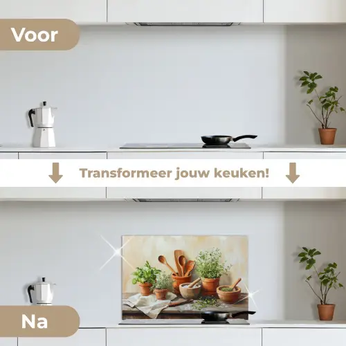 Potten - Kruiden - Hout keuken achterwand spatscherm klein -voor_na_NL