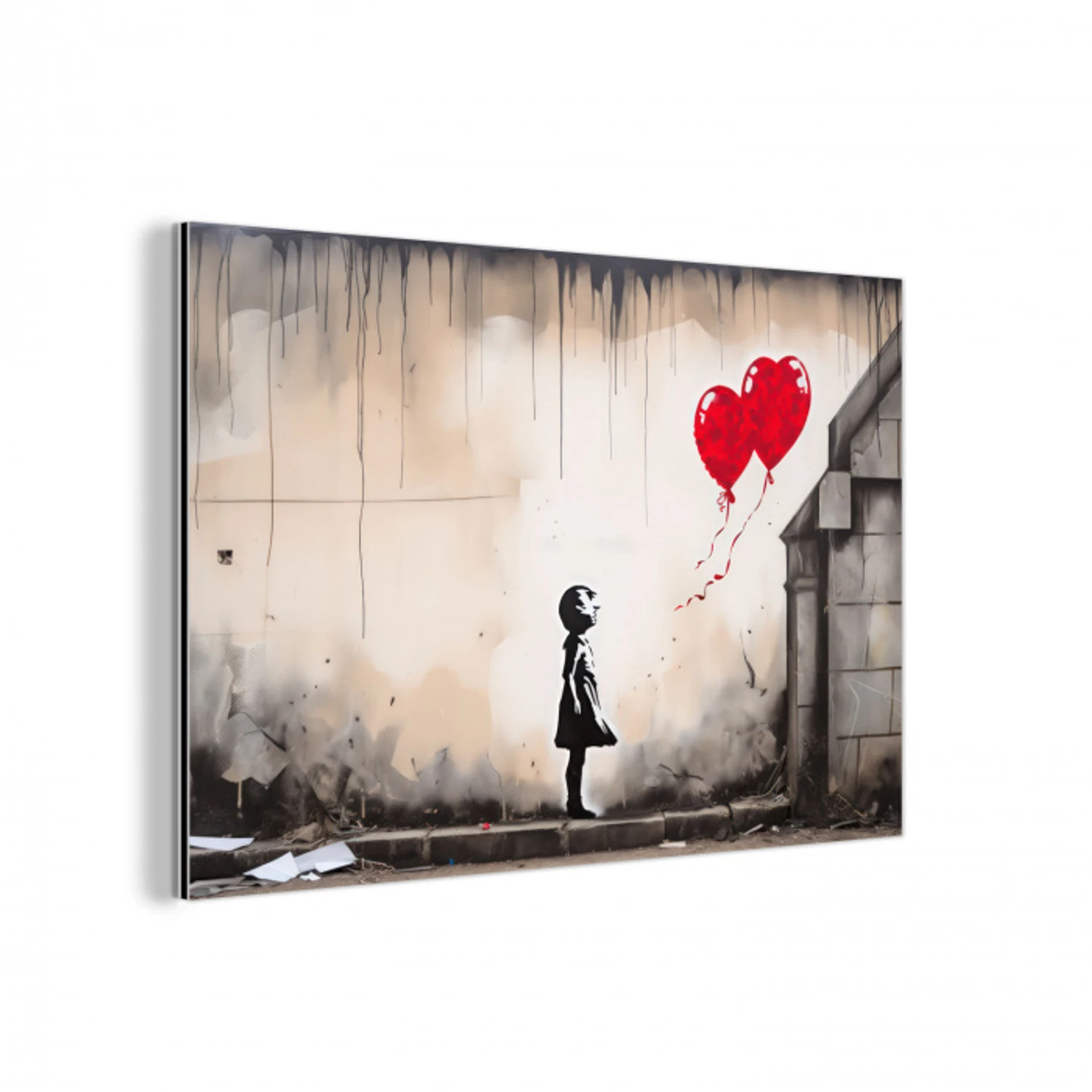 Kunst - Meisje - Ballonnen - Hart - Grijs aluminium wit klein -3d