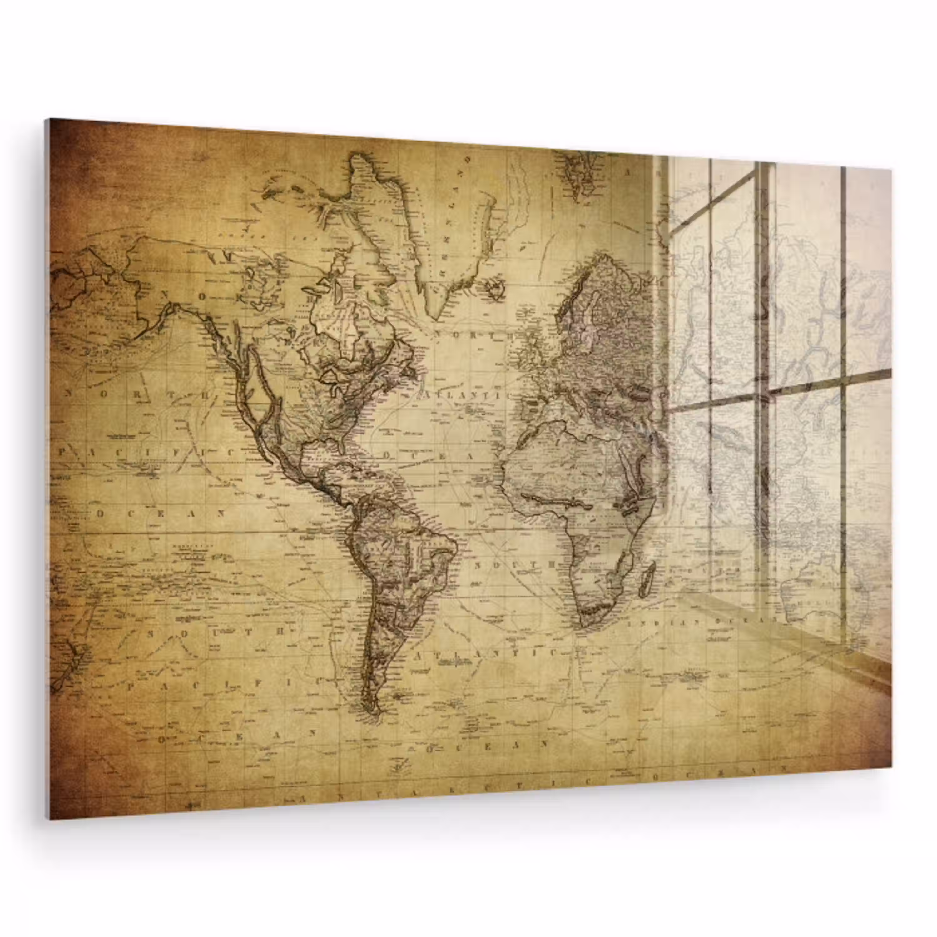 Wereldkaart - Vintage - Antiek - Bruin - Papier plexiglas 5mm klein -zzzproduct_nieuw