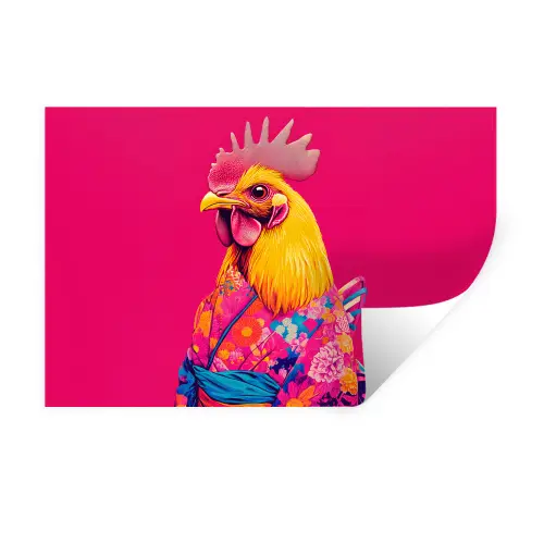 Haan - Kleurrijk - Kimono - Roze Muursticker klein -3d