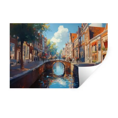 Stad - Gracht - Zon - Fietsen Muursticker klein -3d