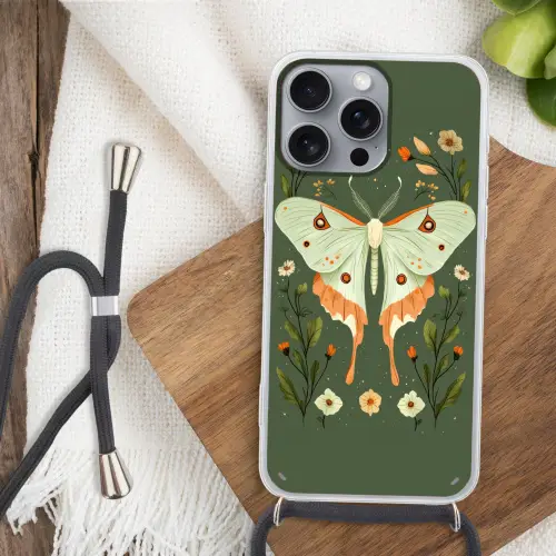 Bloemen - Bladeren - Olijfgroen - Vlinder Hoesje iPhone 16 Pro Max met koord klein -sfeer4