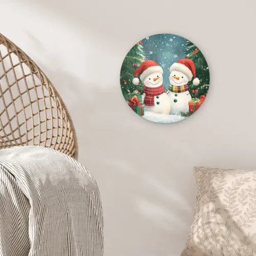 Sneeuwpop - Kerstsneeuw - Groen - Rood Wandcirkel kunststof plaat 5mm dik klein -sfeer5