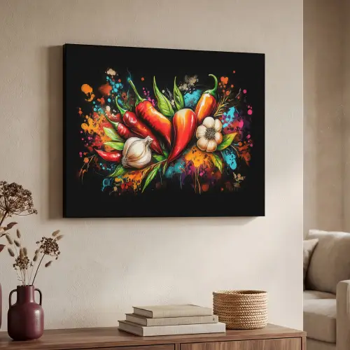 Groente - Peper - Knoflook - Graffiti - Verf - Kleurrijk Textielframe zwart klein -sfeer3