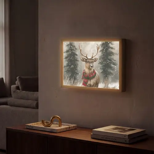 Winter - Bos - Rendier - Donker Light Box met batterij (Wandlamp) middel -sfeer1