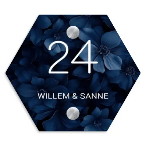 Blauwe bloemen - Klassiek Naambord Hexagon klein -3d