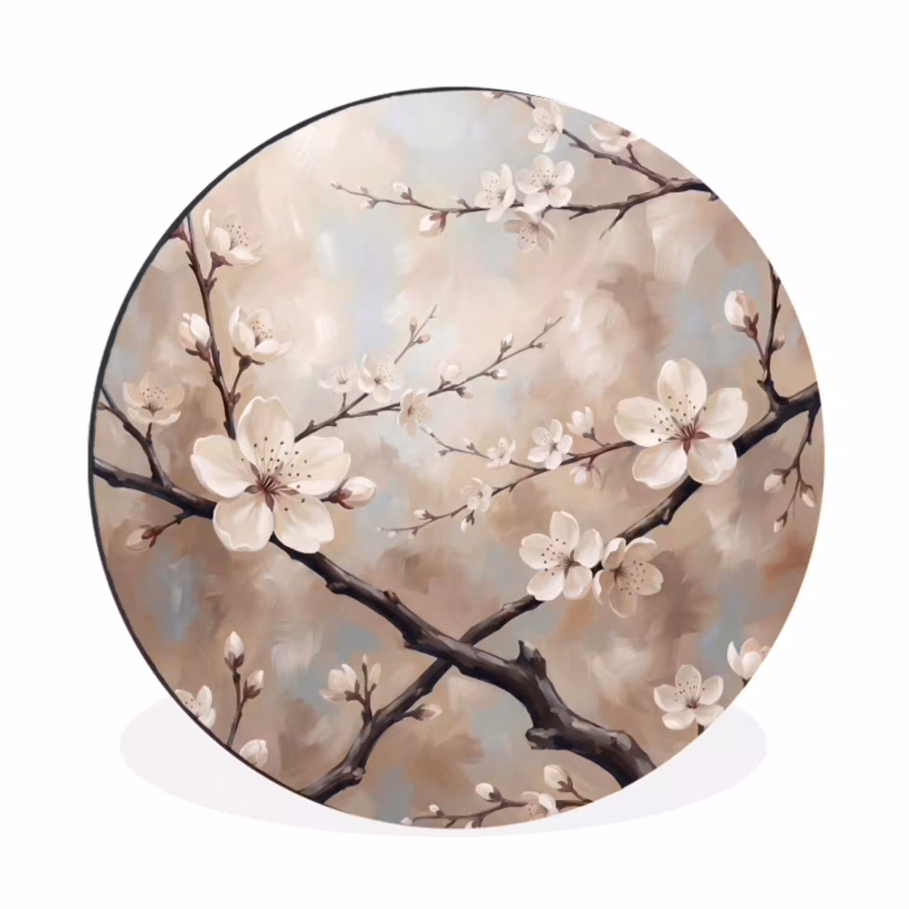 Bloesem - Takken - Schilderij - Beige - Serene Wandcirkel aluminium klein -3d