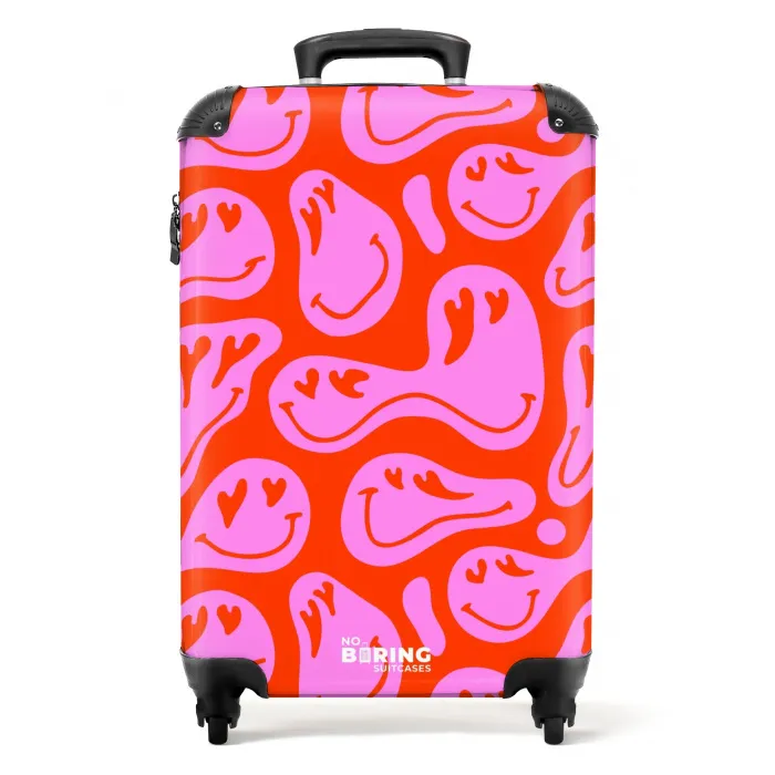 Abstracte smileyfiguren met hartogen op rood en roze NBS - Handbagage koffer - Kinderen Unisex middel -productfoto_recht