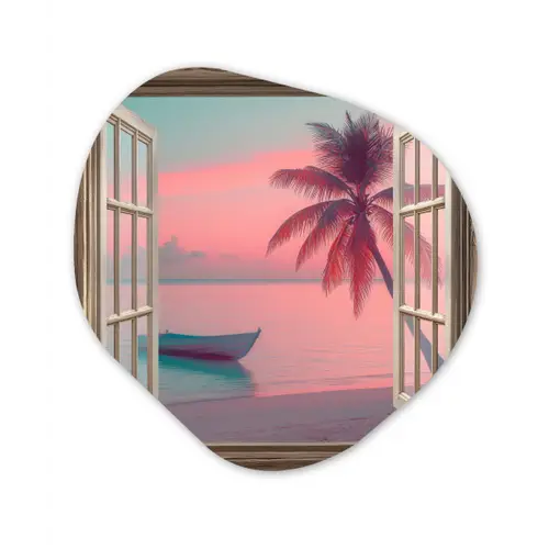Doorkijk - Strand - Palmboom - Tropisch Wandcirkel Organisch Aluminium middel -3d