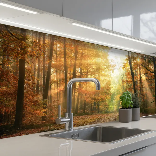Bos - Herfst - Zon - Landschap - Natuur - Bomen - Bladeren keuken achterwand 2 middel -3d_schuin