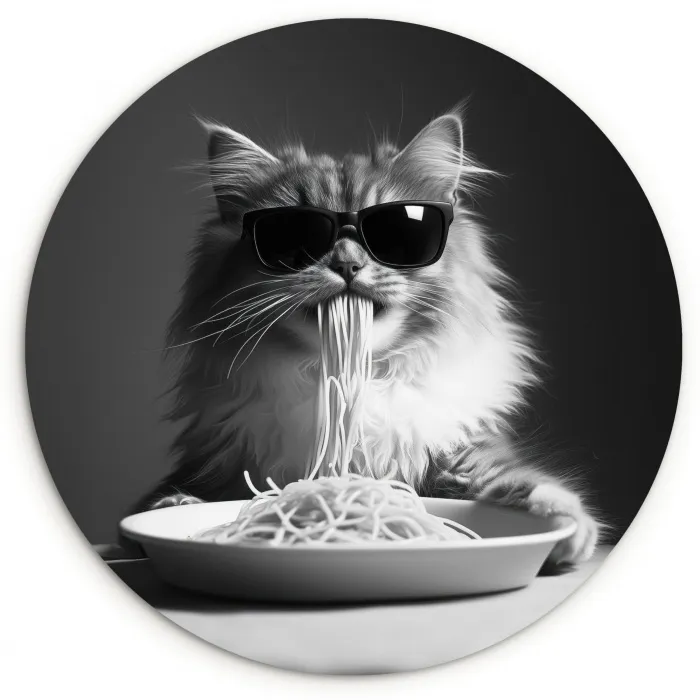 Langharige kat - Zonnebril - Spaghetti - Humor - Zwart - wit Wandcirkel plexiglas klein -3d