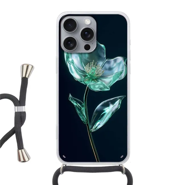 Telefoonhoesje met koord - Bladeren - Bloem - Glazen - Donkerblauw