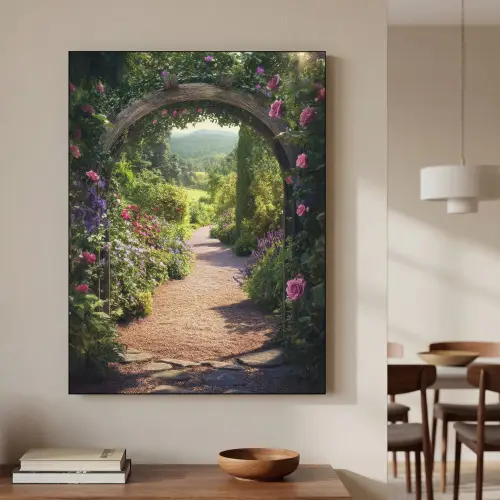 Doorkijk - Bloemen - Natuur - Rozenboog Textielframe - compleet frame klein -sfeer2