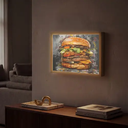 Burger - Eten - Kunst - Grijs - Graffiti Light Box met batterij (Wandlamp) middel -sfeer1