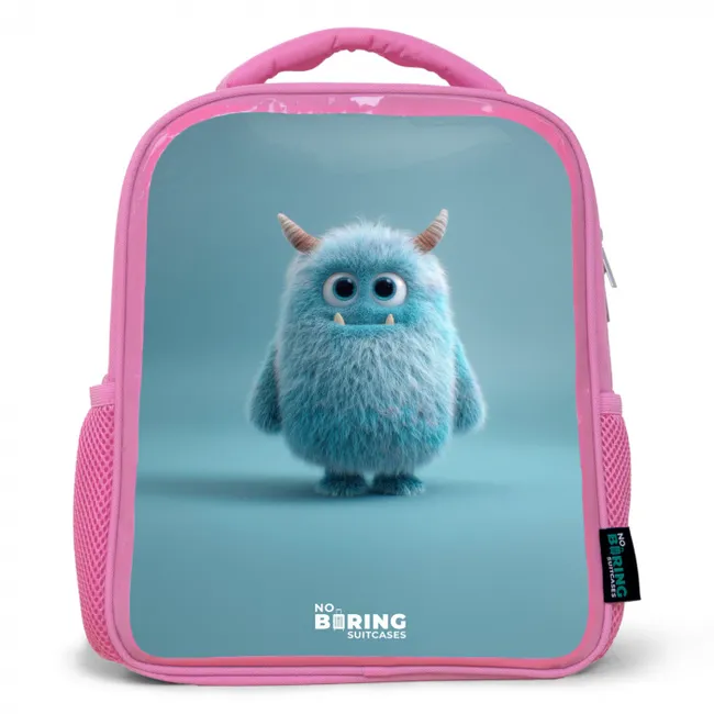 Rugzak kind met naam - Roze Blauw pluizig monster met hoorns