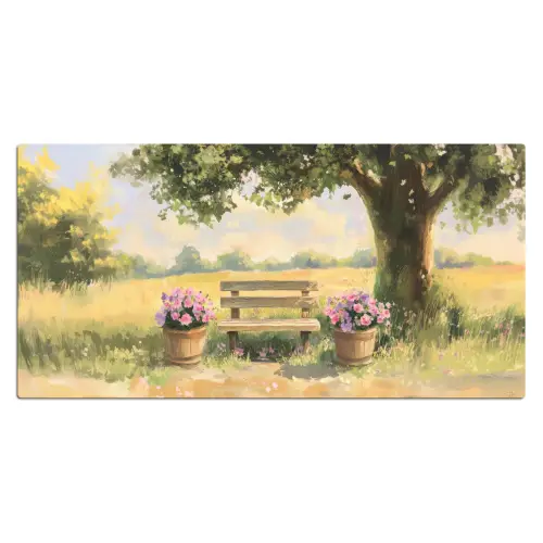 Houten bankje - Bloempotten - Landschap Muismat XXL klein -3d_leeg