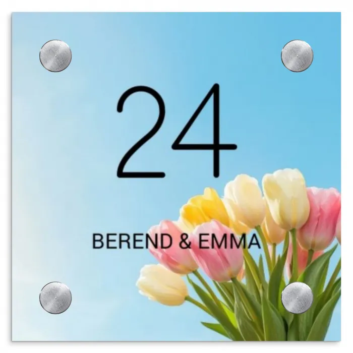 Gekleurde tulpen lucht - Klassiek Naambord Vierkant klein -3d