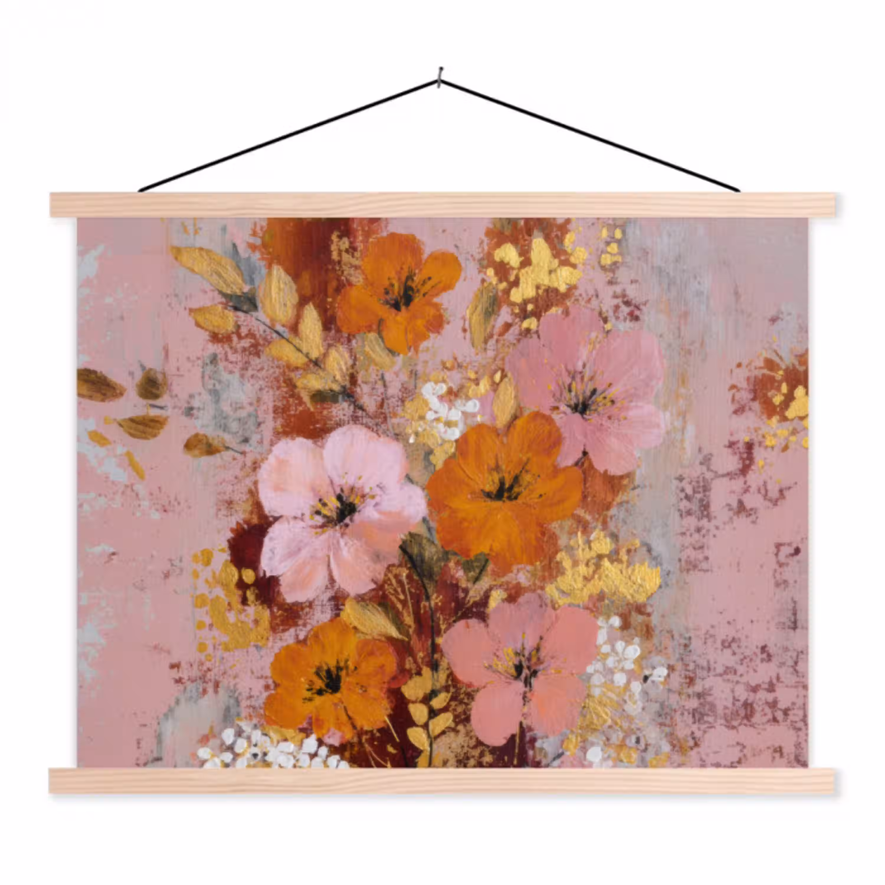 Schilderij - Bloemen - Rustiek - Roze textielposter latten blank klein -3d