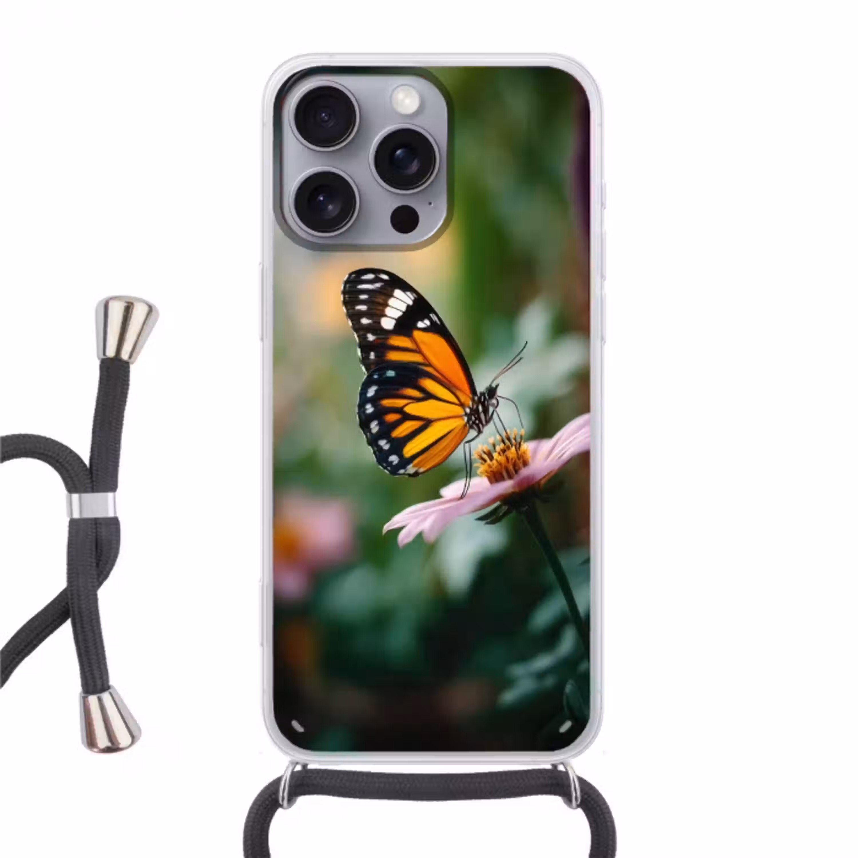 Roze bloemen - Vlinder - Zachte focus Hoesje iPhone 16 Pro Max met koord klein -3d