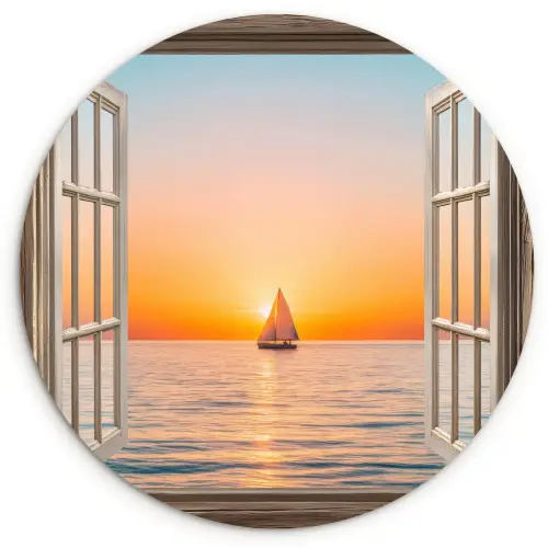 Doorkijk - Zee - Boot - Zonsondergang Wandcirkel kunststof plaat 5mm dik klein -3d