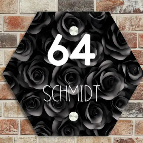 Zwarte rozen - Modern Naambord Hexagon klein -sfeer2