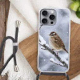 Vogel - Tak - Sneeuw - Winter Hoesje iPhone 16 Pro Max met koord klein -sfeer4