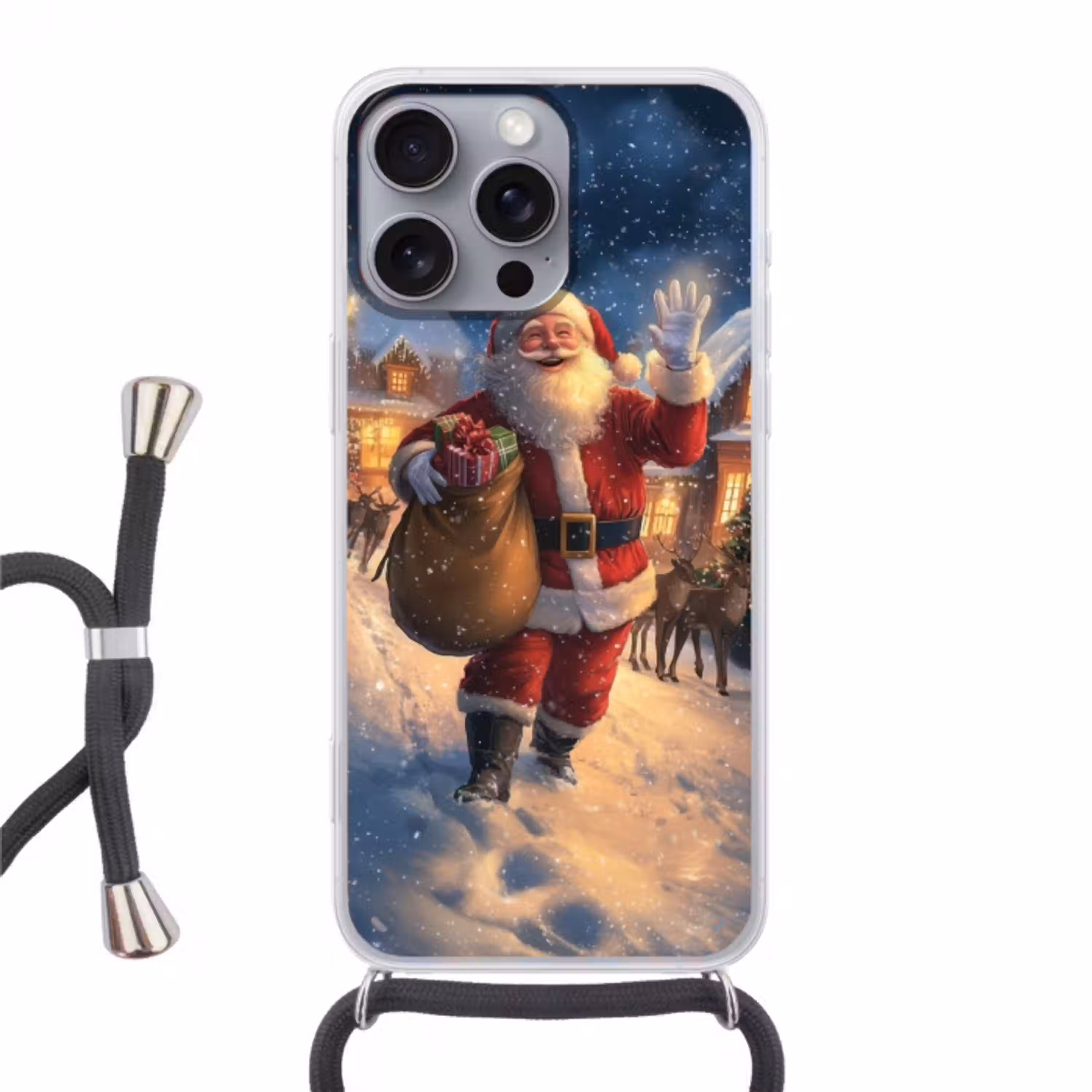 Kerstman - Dorp - Hert - Donker Hoesje iPhone 16 Pro Max met koord klein -3d