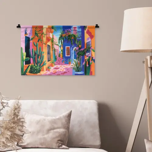 Geel - Blauw - Oranje - Huis Wandkleed katoen klein -sfeer4