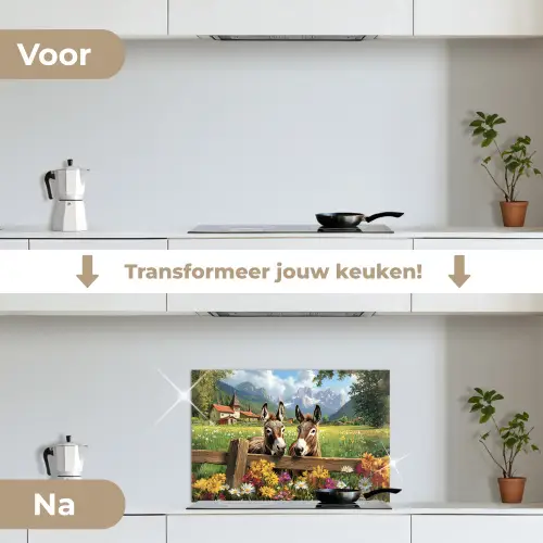 Ezels - Bloemen - Zomers keuken achterwand spatscherm klein -voor_na_NL