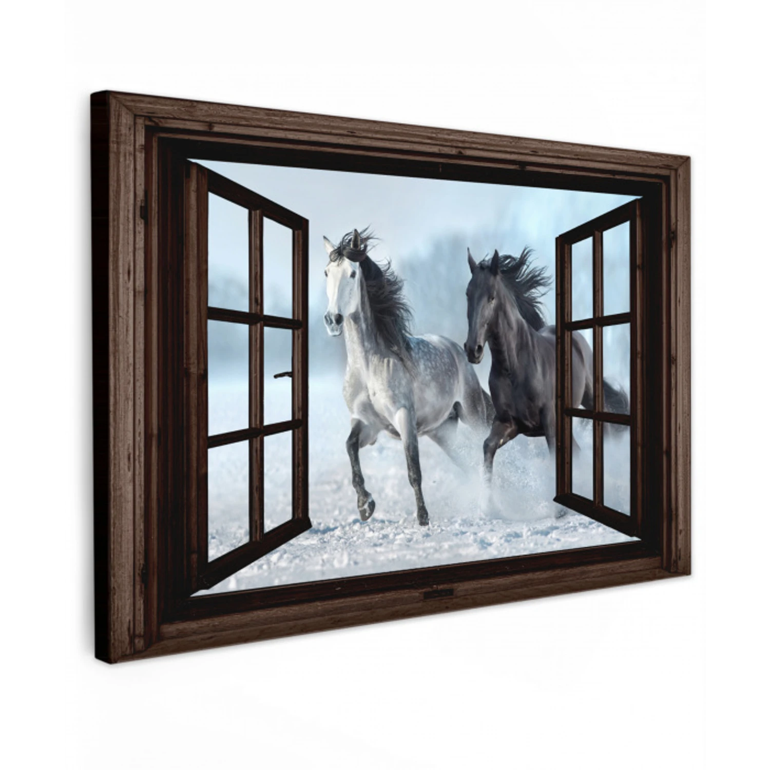 Paarden - Winter - Dieren - Natuur - Doorkijk Tuinposter op houten frame 2 cm dik klein -3d