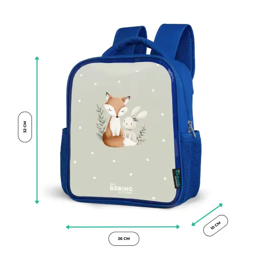 Vos en konijn omringd door groene blaadjes en stippen Kinderrugzak - Blauw middel -productfoto_formaten
